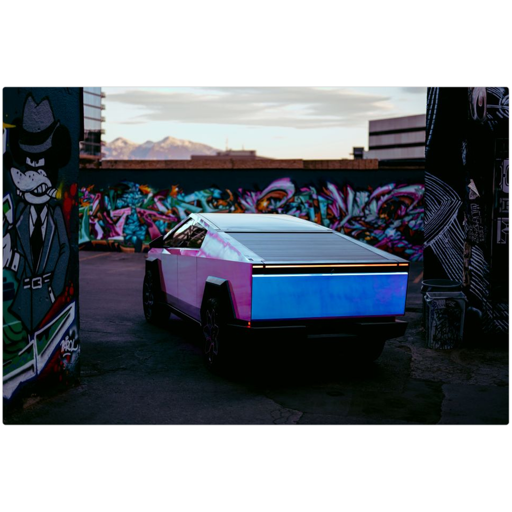 Multicolor Wrapped Tesla Cybertruck Back Alley - Metal Print