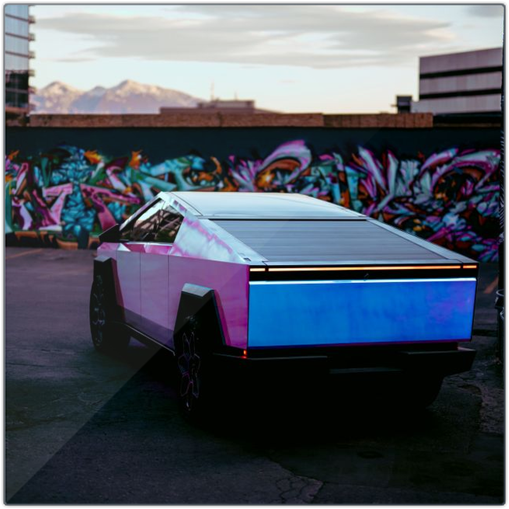 Multicolor Wrapped Tesla Cybertruck Back Alley - Metal Print