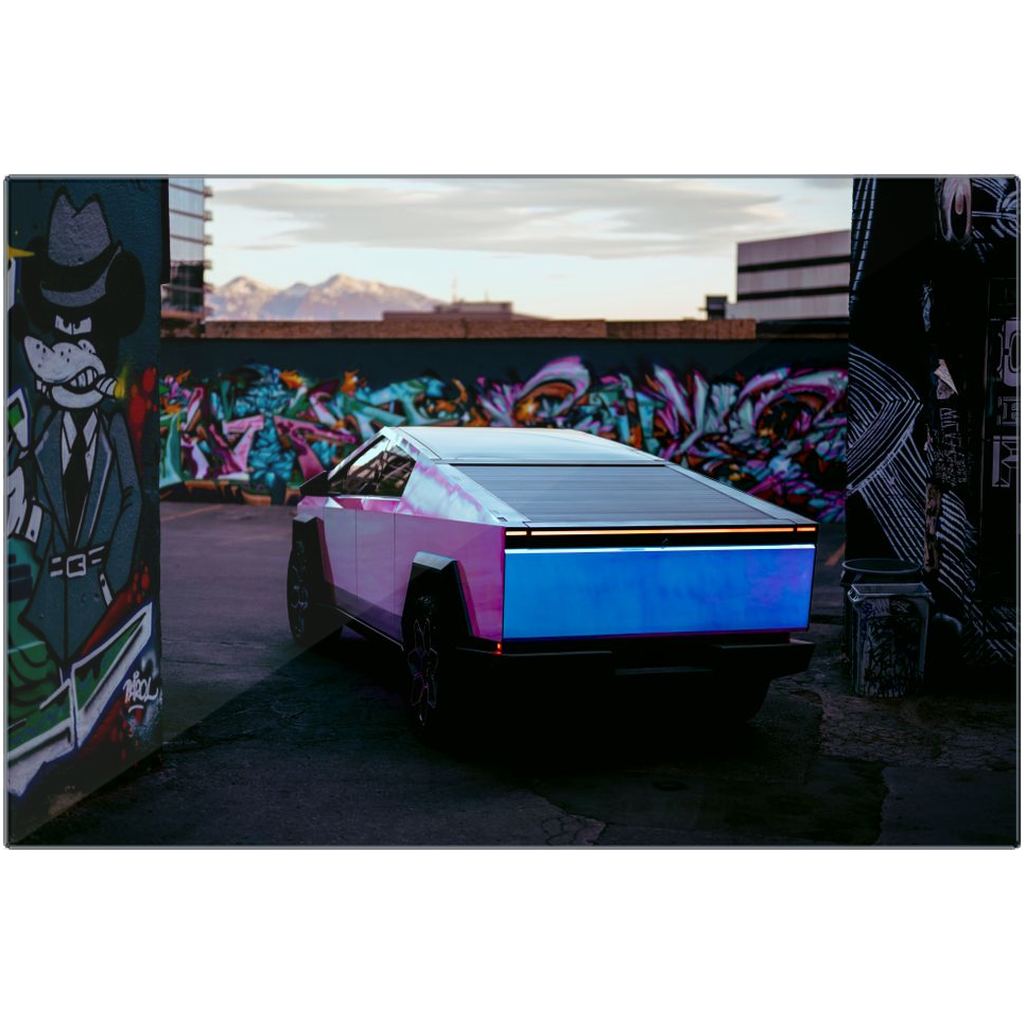 Multicolor Wrapped Tesla Cybertruck Back Alley - Metal Print