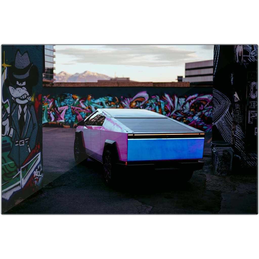 Multicolor Wrapped Tesla Cybertruck Back Alley - Metal Print