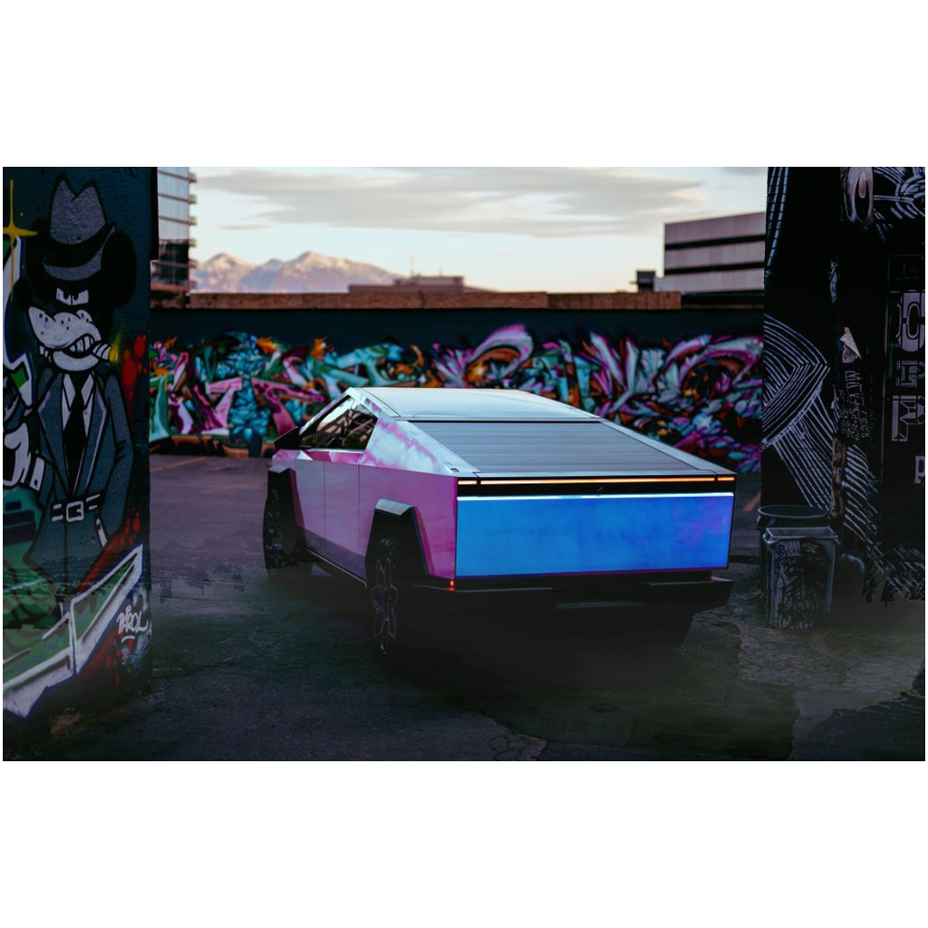 Multicolor Wrapped Tesla Cybertruck Back Alley - Metal Print