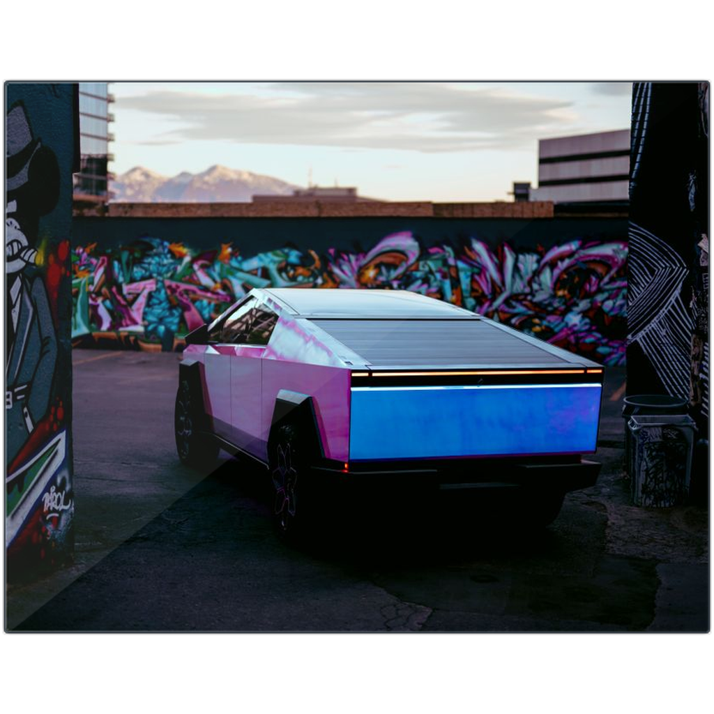 Multicolor Wrapped Tesla Cybertruck Back Alley - Metal Print