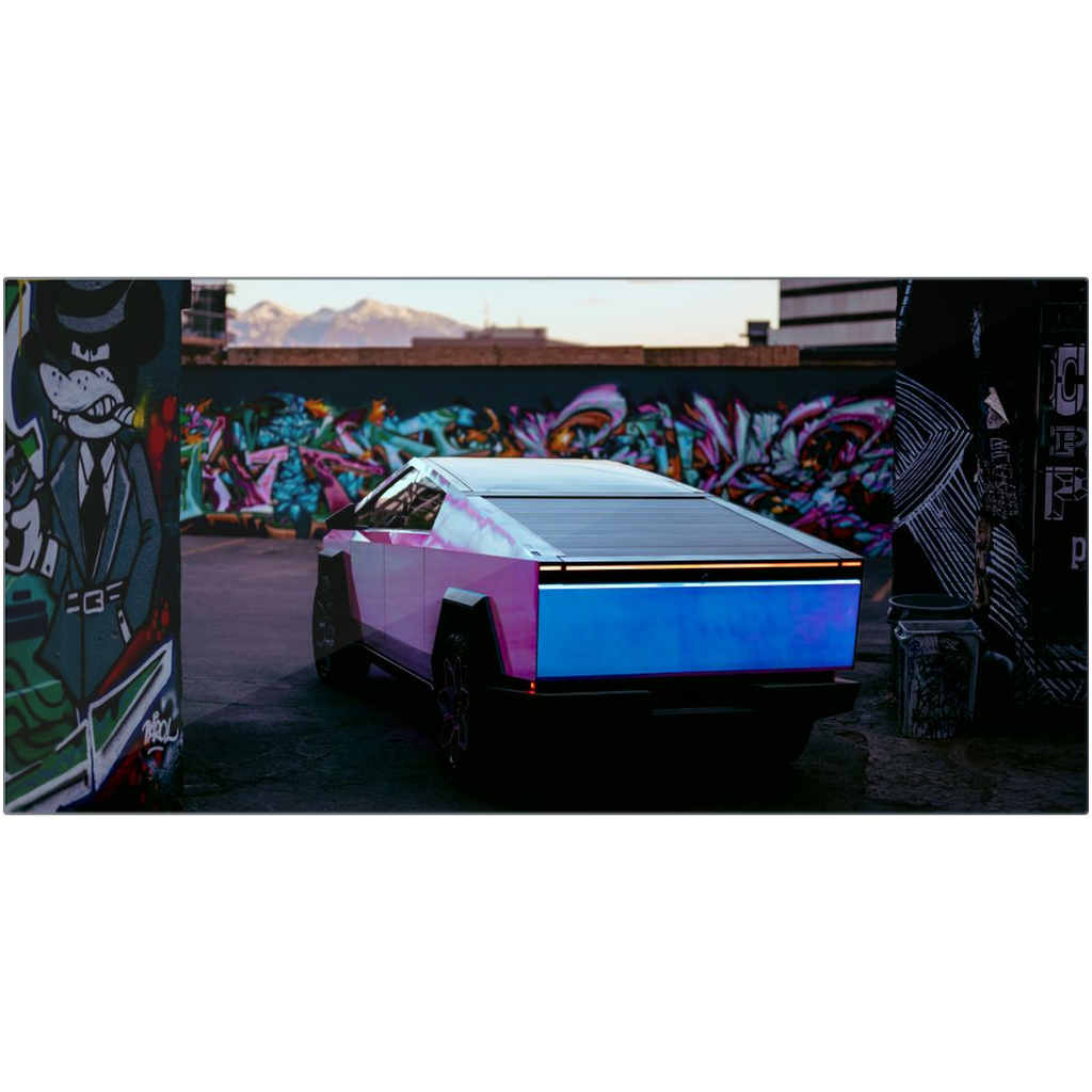 Multicolor Wrapped Tesla Cybertruck Back Alley - Metal Print