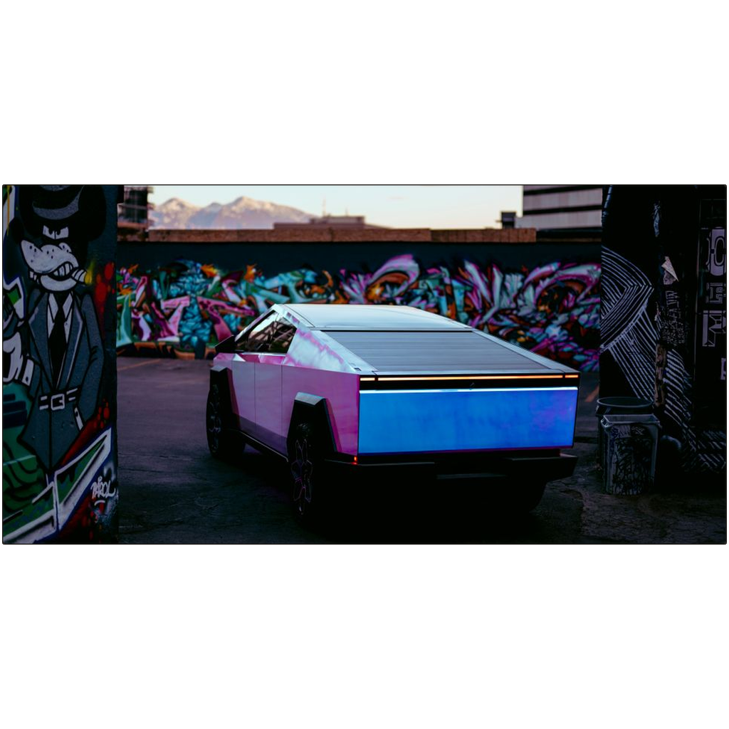 Multicolor Wrapped Tesla Cybertruck Back Alley - Metal Print